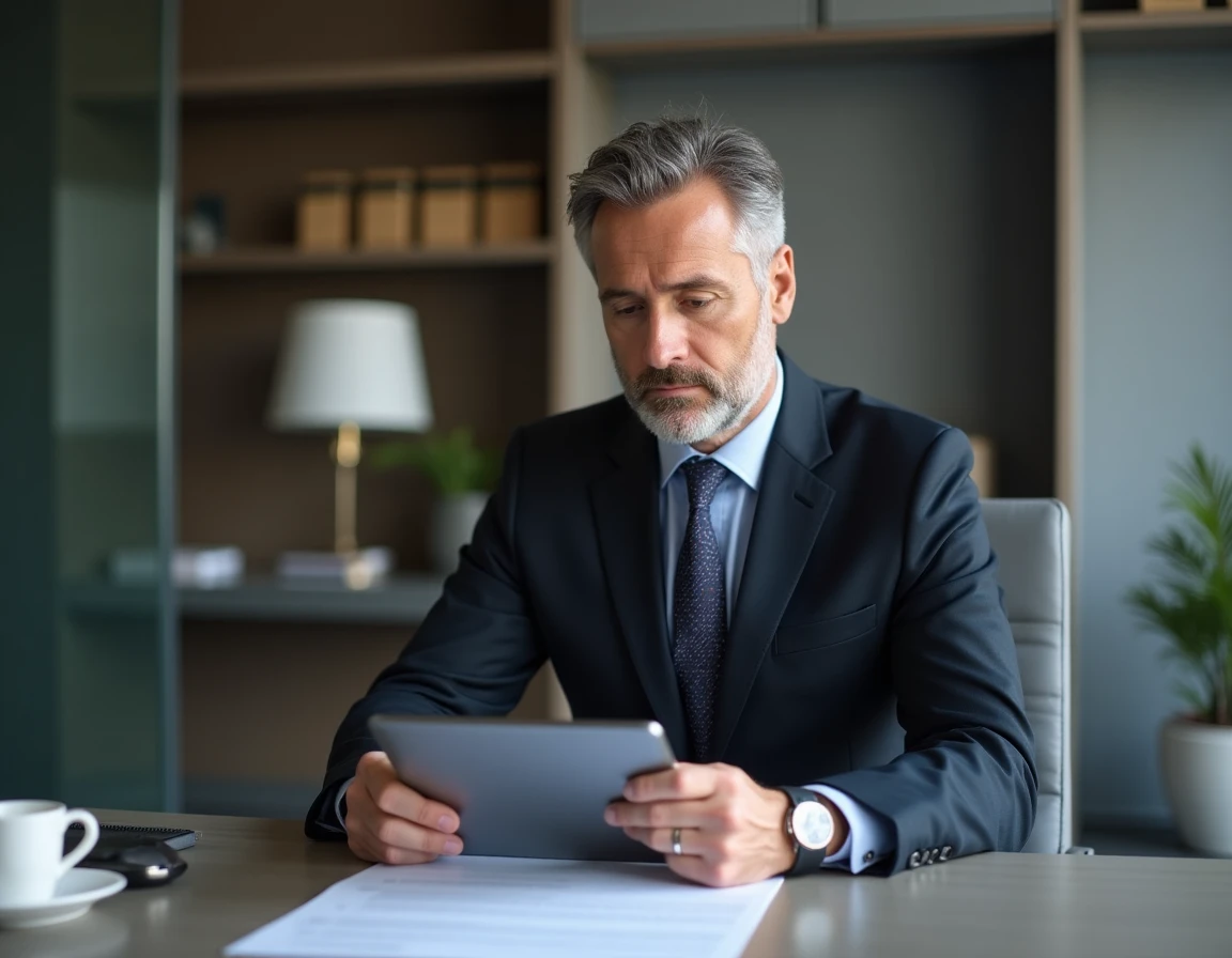 Avocat Nicolas Calderero en droit commercial et droit des entreprises à son bureau au Mans