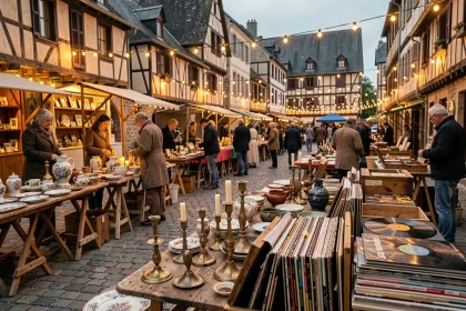 Nocturne de brocante animée sur une place de village en Meurthe-et-Moselle au crépuscule avec stands de chineurs