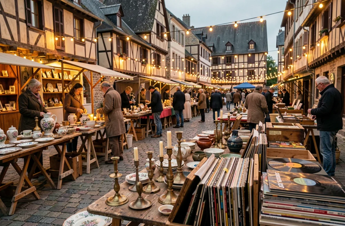 Nocturne de brocante animée sur une place de village en Meurthe-et-Moselle au crépuscule avec stands de chineurs