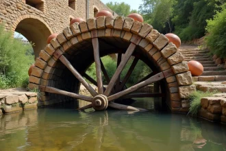 Noria classique en pierre avec pots en terre cuite tournant au-dessus d'une rivière dans un paysage rural méditerranéen