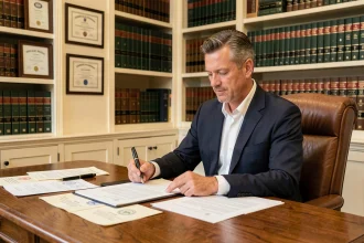 Notaire en costume sombre assis à son bureau en chêne consultant des actes officiels dans un cabinet traditionnel