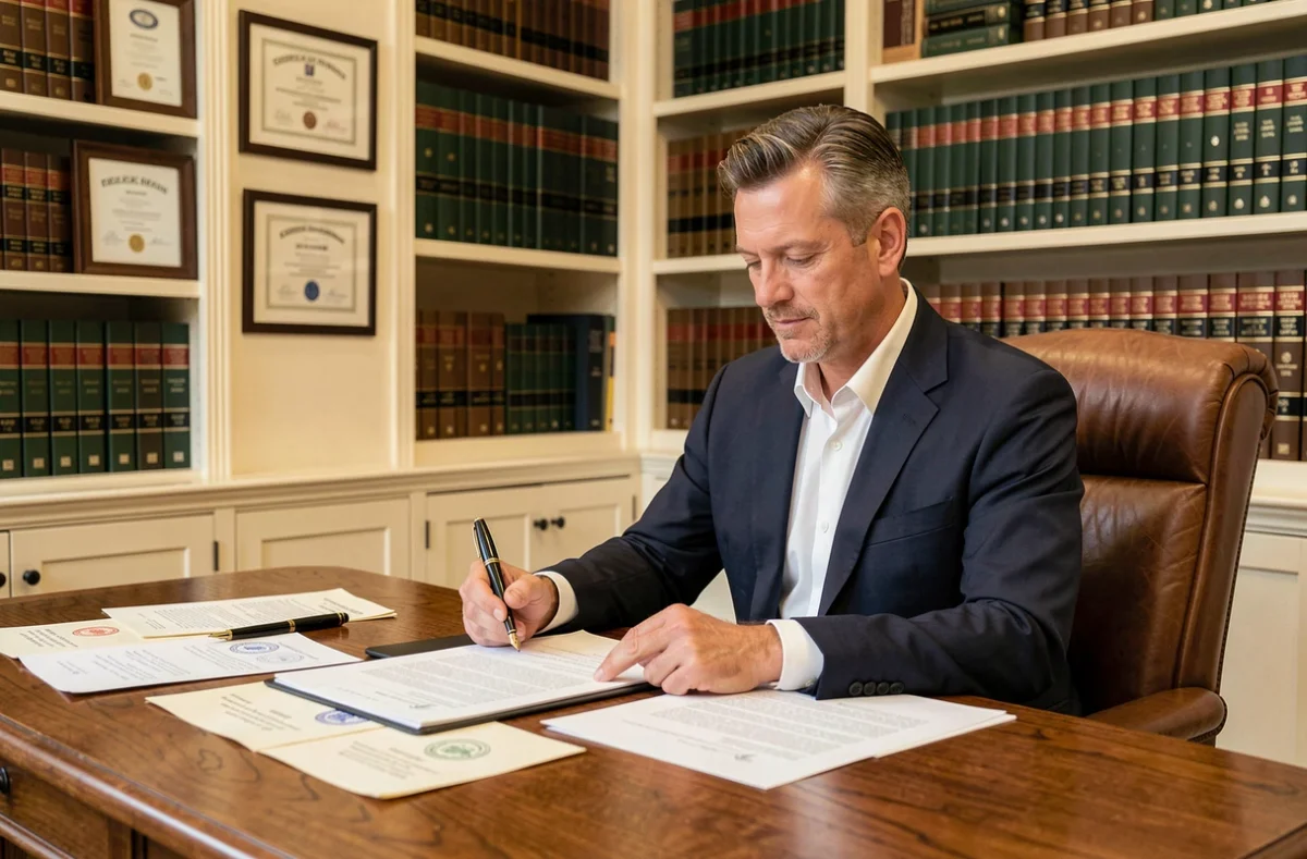Notaire en costume sombre assis à son bureau en chêne consultant des actes officiels dans un cabinet traditionnel