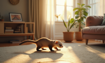Un furet joueur dans un salon lumineux et moderne