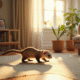 Un furet joueur dans un salon lumineux et moderne