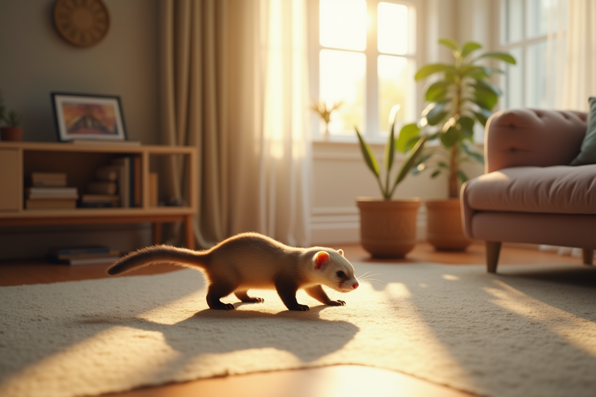 Un furet joueur dans un salon lumineux et moderne