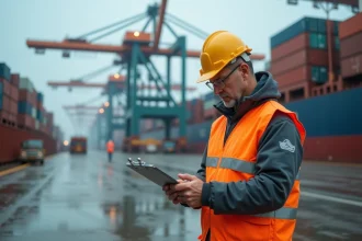 Ouvrier portuaire en gilet haute visibilité et casque