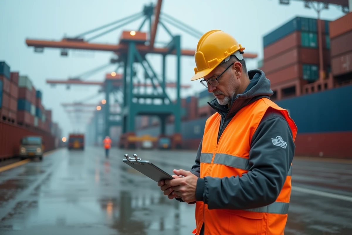 Ouvrier portuaire en gilet haute visibilité et casque