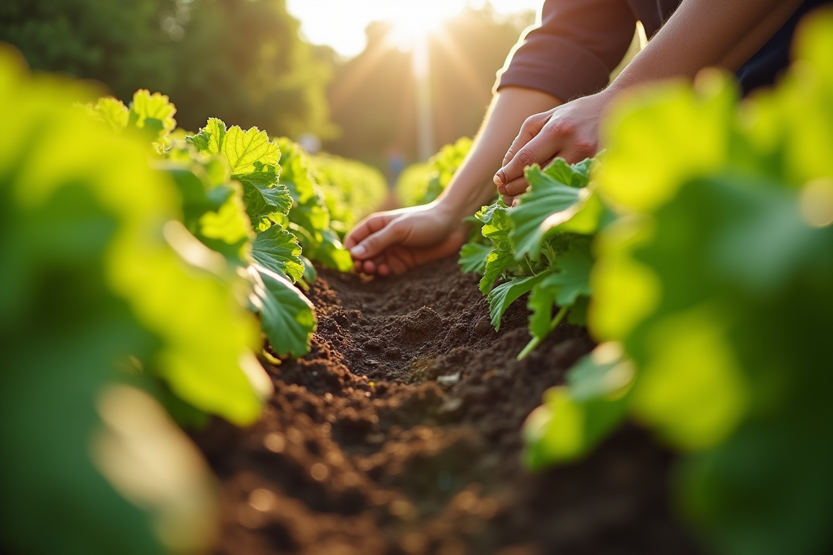 Mains étalant du paillis entre les rangs de légumes bio