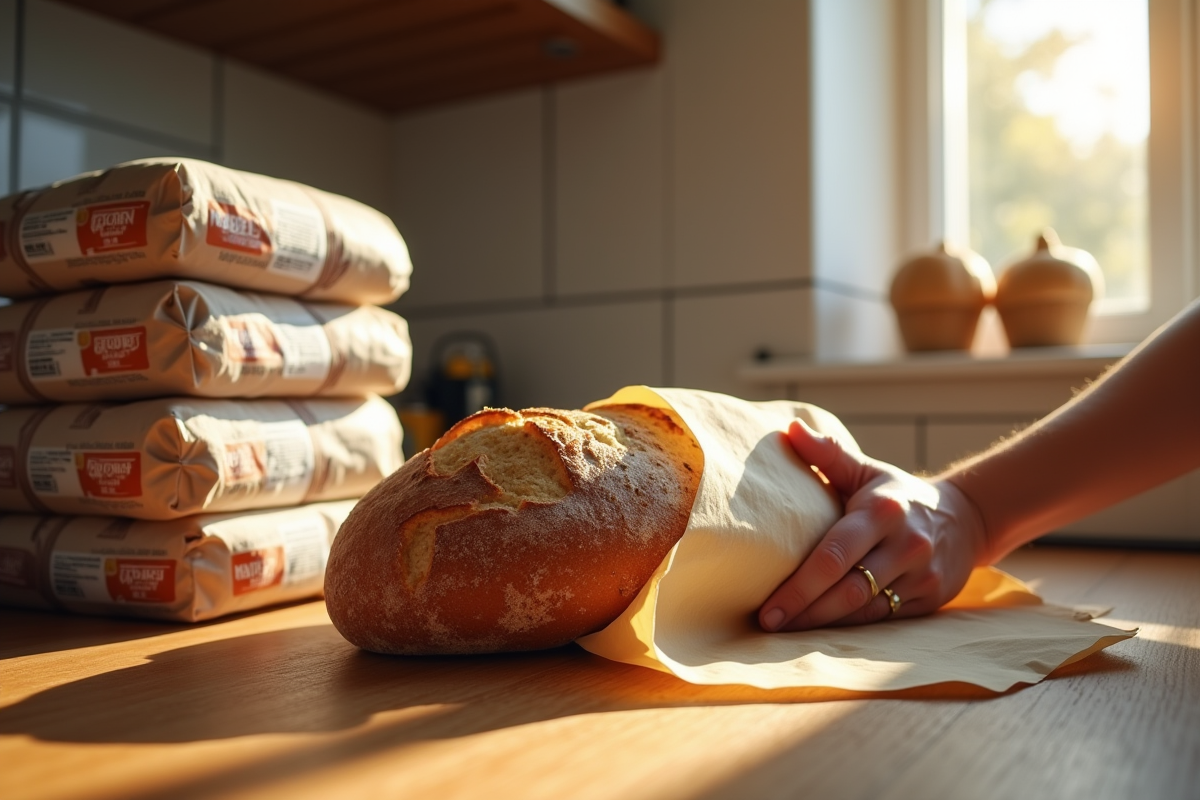Main enveloppant un pain rustique dans du papier parchemin sur un plan de travail