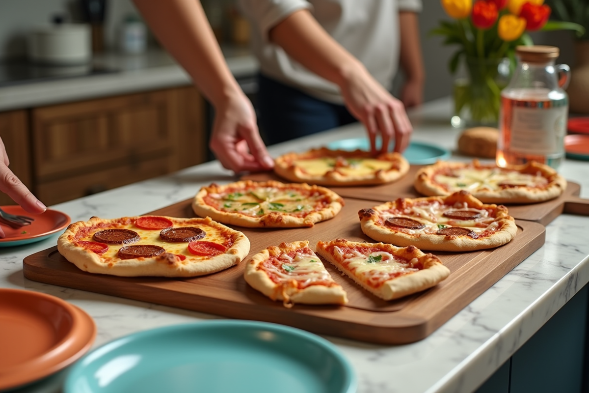 Partage de mini pizzas au chorizo dans une cuisine conviviale