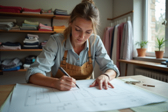 Femme créant des patrons de vêtements dans son atelier lumineux