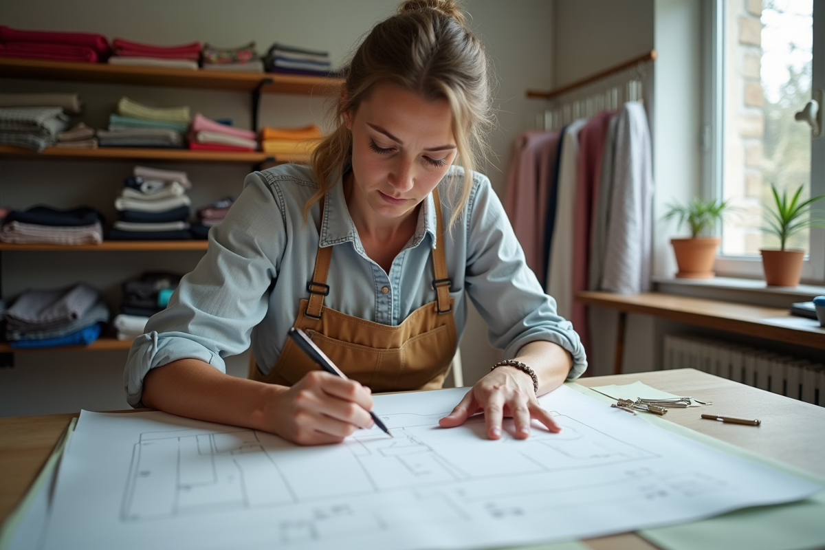 Femme créant des patrons de vêtements dans son atelier lumineux