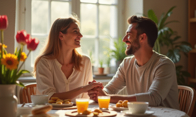Couple souriant au petit déjeuner chaleureux
