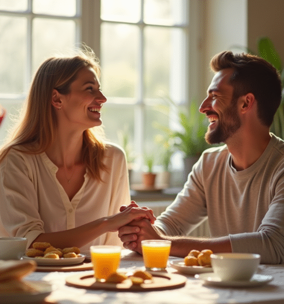 Couple souriant au petit déjeuner chaleureux