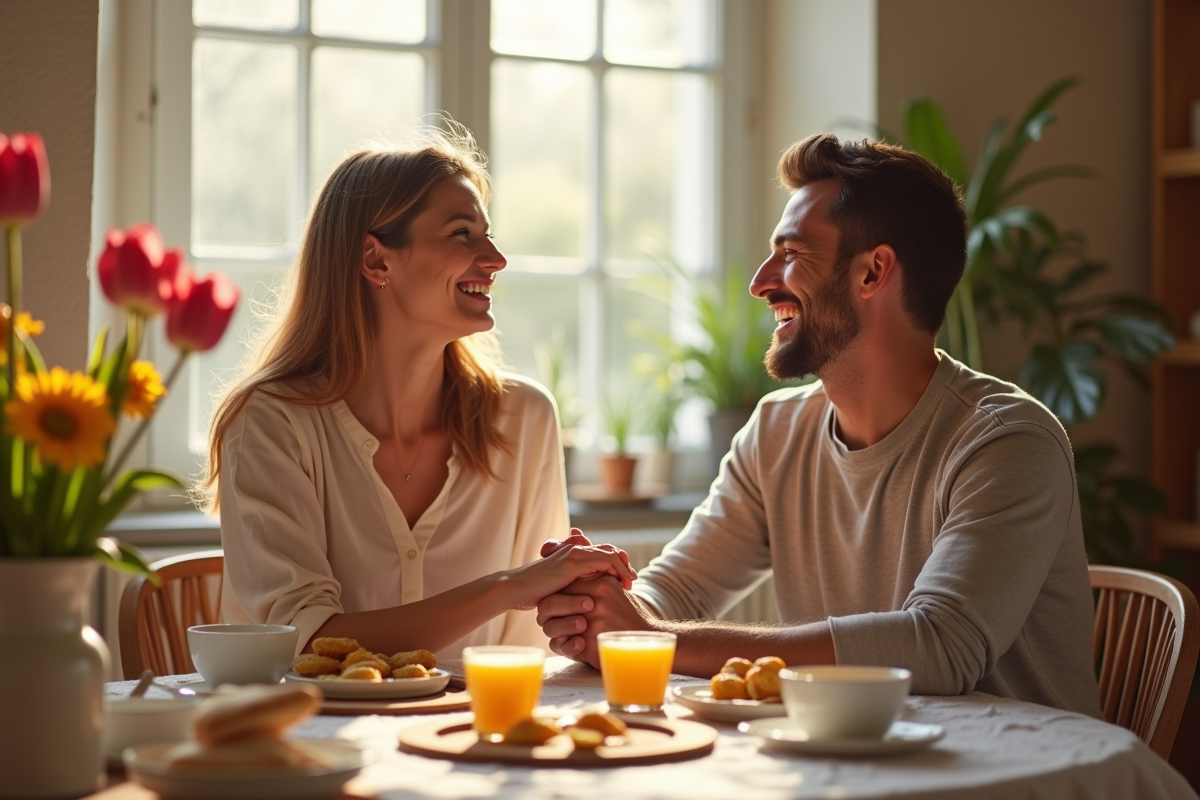 Couple souriant au petit déjeuner chaleureux