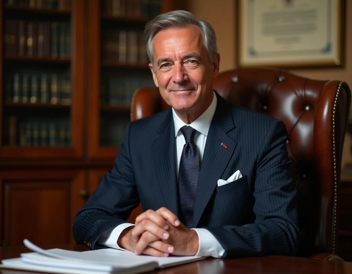 Avocat conseil Philippe Condé Piquer dans son bureau au Mans avec bibliothèque juridique