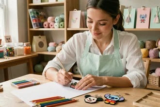 Jeune femme créant des cadeaux faits main en pixel art kawaii Disney avec des perles à repasser et des pinceaux sur une table en bois