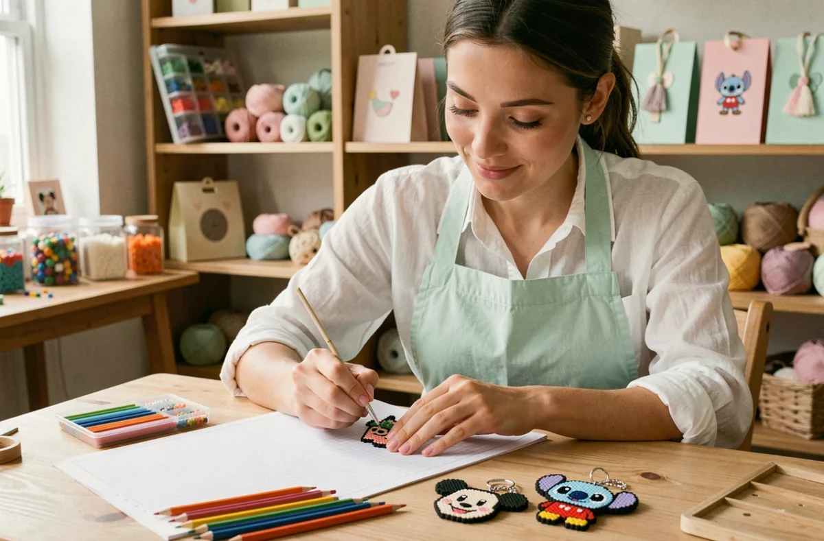 Jeune femme créant des cadeaux faits main en pixel art kawaii Disney avec des perles à repasser et des pinceaux sur une table en bois