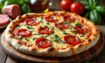 Pizza au chorizo et fromage fondant sur table en bois