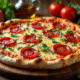 Pizza au chorizo et fromage fondant sur table en bois