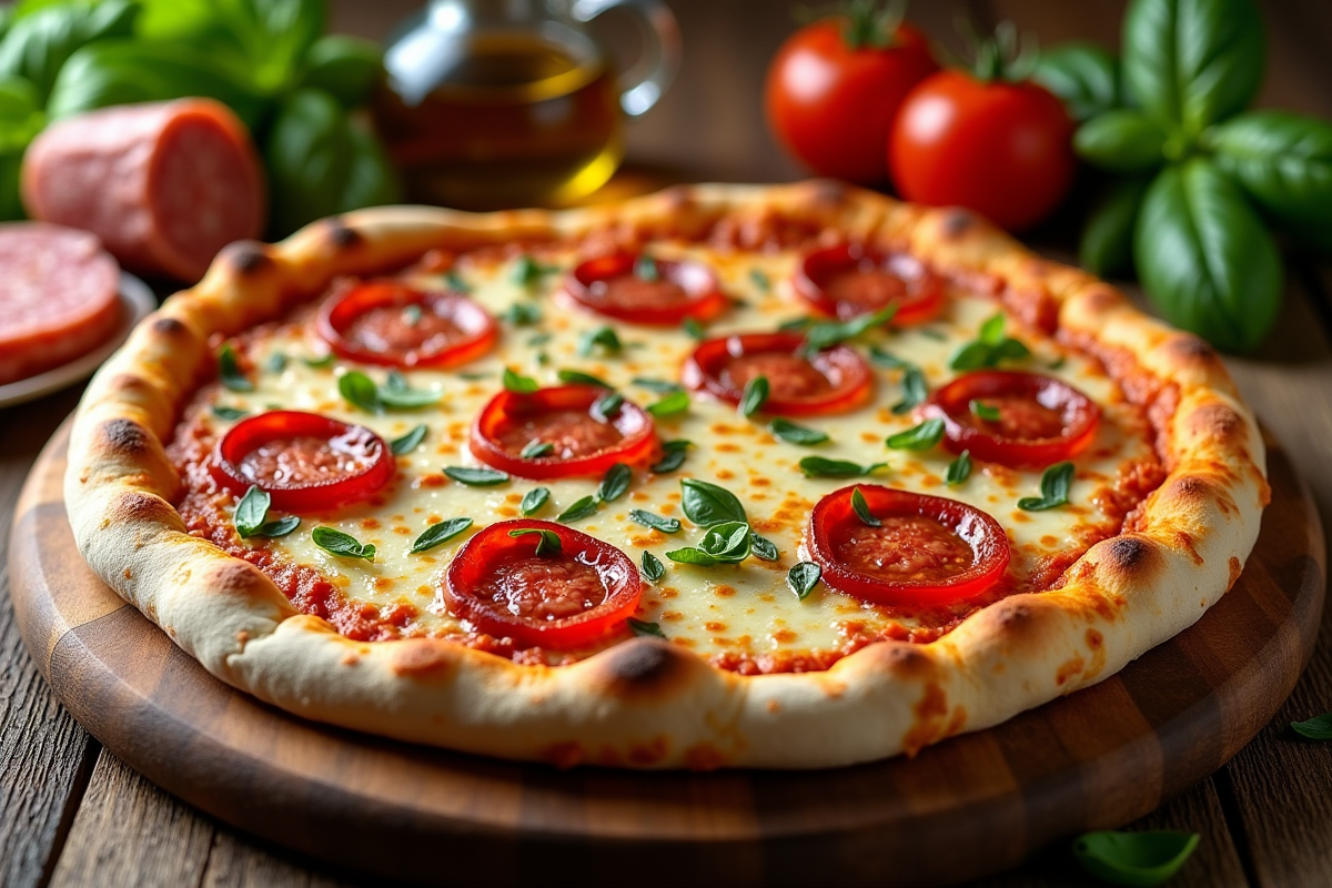 Pizza au chorizo et fromage fondant sur table en bois