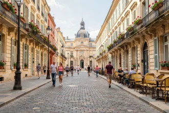 Vue grand angle de la Place de la Comédie à Montpellier avec façades historiques en pierre et terrasses de café