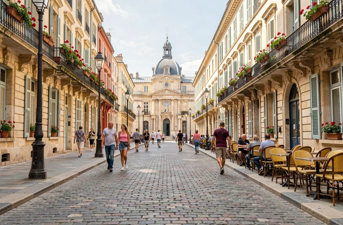 Vue grand angle de la Place de la Comédie à Montpellier avec façades historiques en pierre et terrasses de café