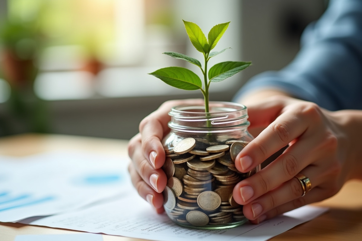 Mains plantant un jeune arbre dans un pot rempli de pièces de monnaie