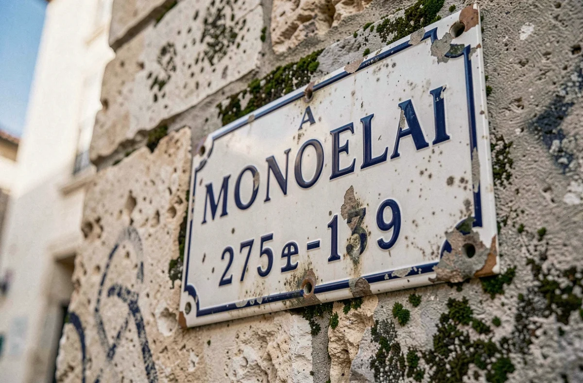 Plaque émaillée de nom de rue et code postal sur un mur en pierre de Montpellier avec patine ancienne