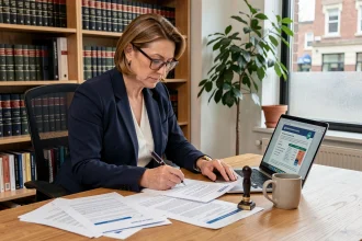 Notaire préparant son intervention au Congrès UINL Paris, annotant ses documents à son bureau professionnel