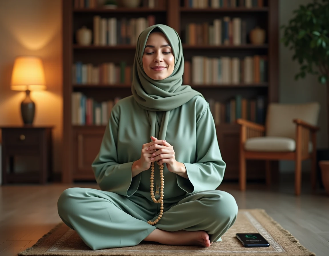 Femme en hijab vert récitant un dhikr après la prière d'Icha avec une application des horaires de prière Toulouse