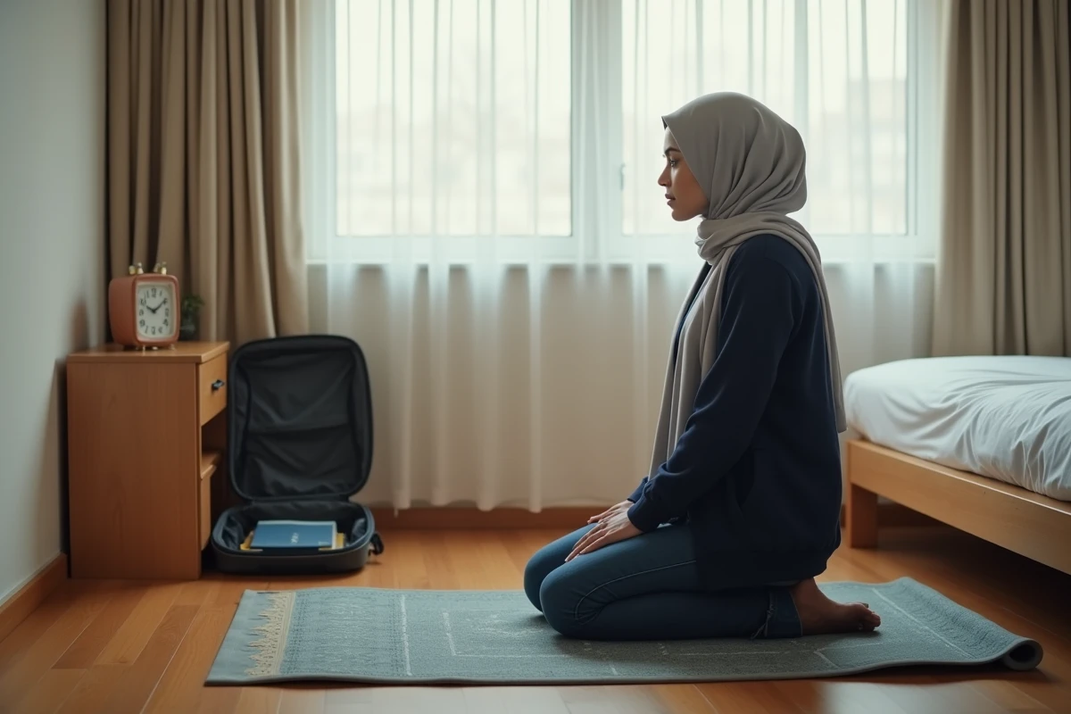 Femme en voyage priant sur un tapis de prière portable dans une chambre d'hôtel