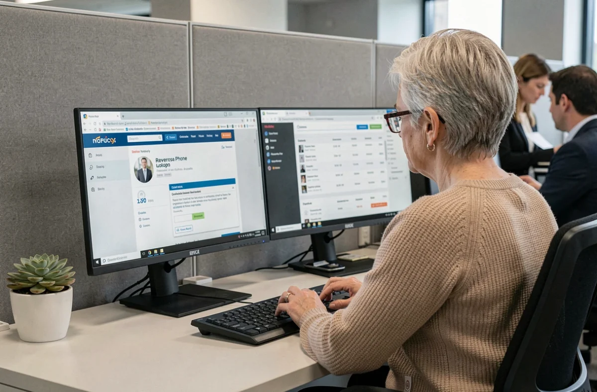 Professionnelle recherchant des informations sur un annuaire inversé en ligne et un annuaire classique sur deux écrans d'ordinateur au bureau
