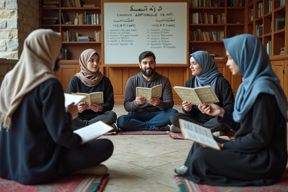 Jeunes fidèles consultant le programme du ramadan 2026 à la mosquée de Ris-Orangis, réunion de planification des activités iftar et tarawih