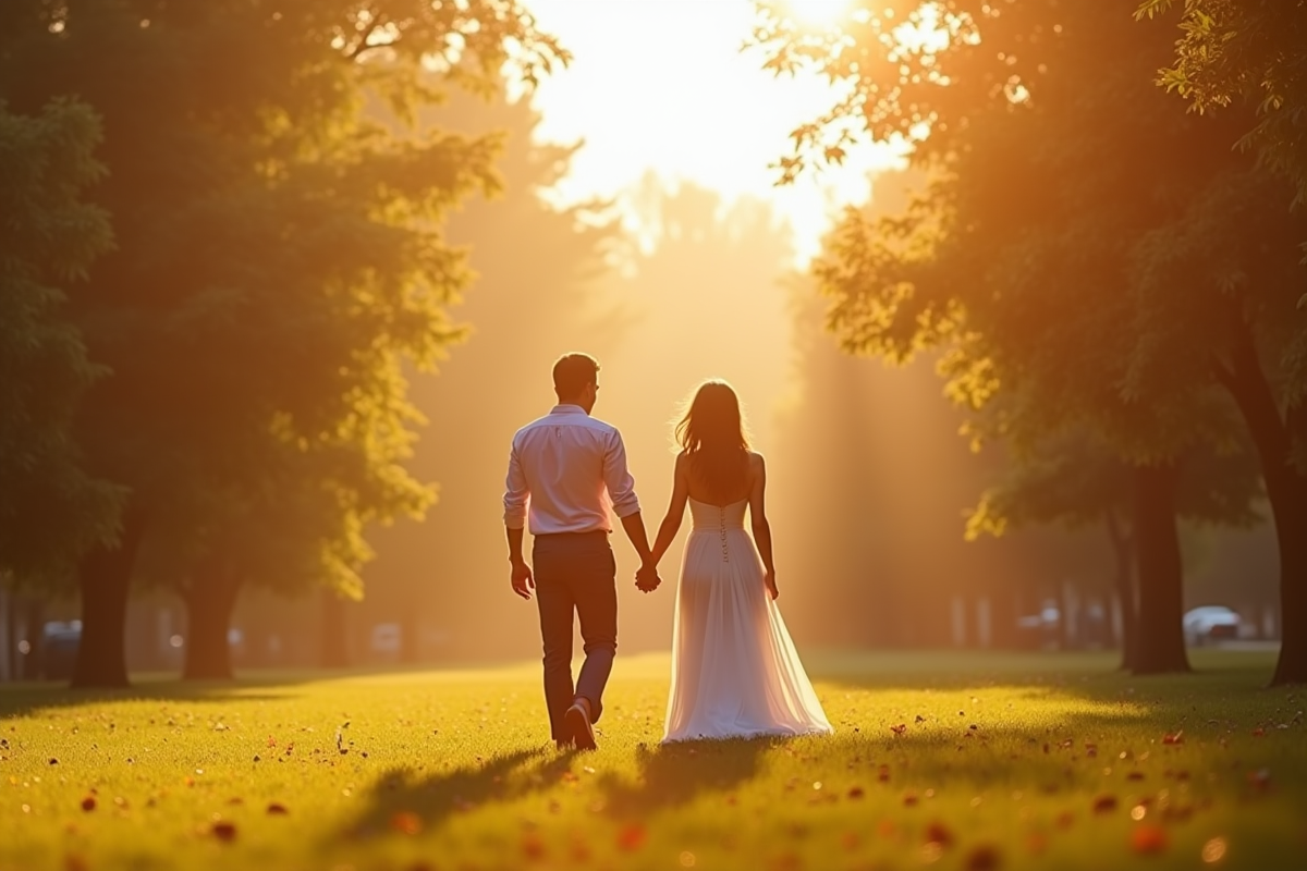 Couple marié se promenant main dans la main dans un parc ensoleille