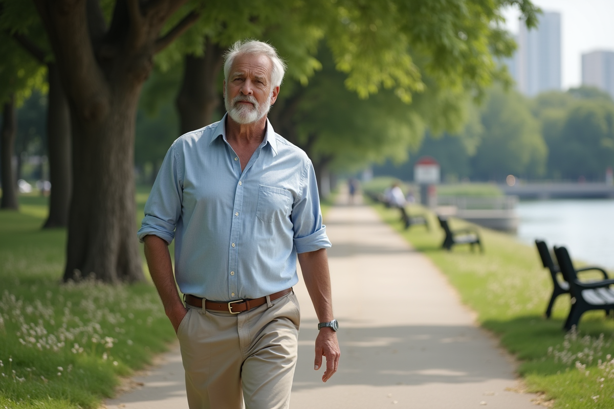 Homme marche dans un parc au bord de la rivière