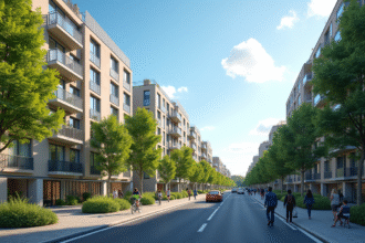 Quartier urbain moderne en France avec immeubles et espaces verts