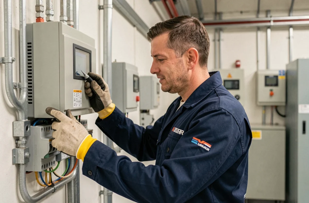 Électricien de R Elec et Automatismes installant un tableau électrique automatisé dans un bâtiment industriel à Limoges