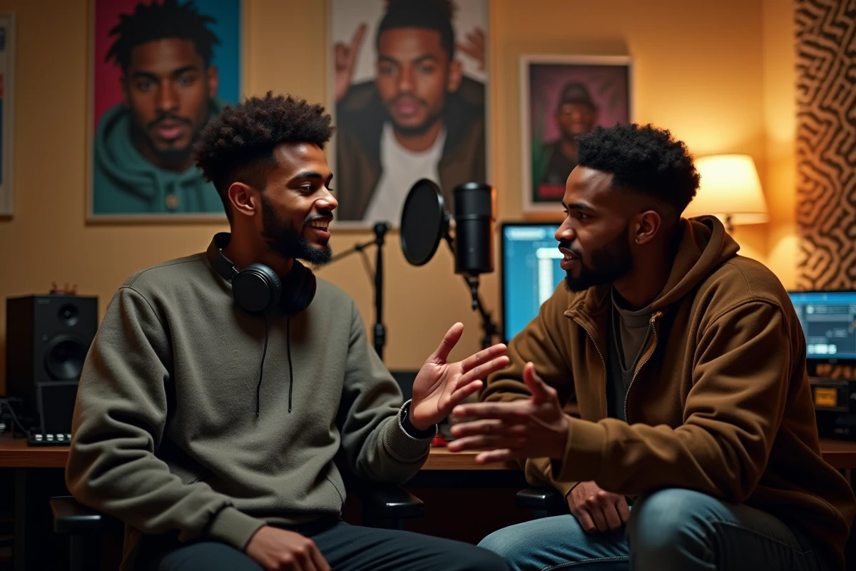 Deux rappeurs du Val-d'Oise en session de création musicale dans un studio maison, discutant de paroles devant un ordinateur
