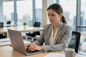 Femme en blazer gris rédigeant un email professionnel avec une expression hésitante, dans un bureau moderne aux grandes fenêtres