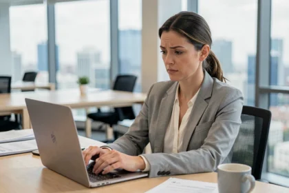 Femme en blazer gris rédigeant un email professionnel avec une expression hésitante, dans un bureau moderne aux grandes fenêtres