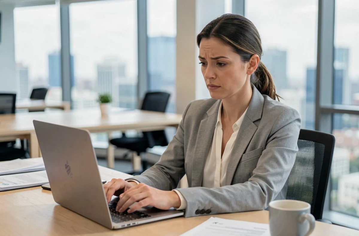 Femme en blazer gris rédigeant un email professionnel avec une expression hésitante, dans un bureau moderne aux grandes fenêtres