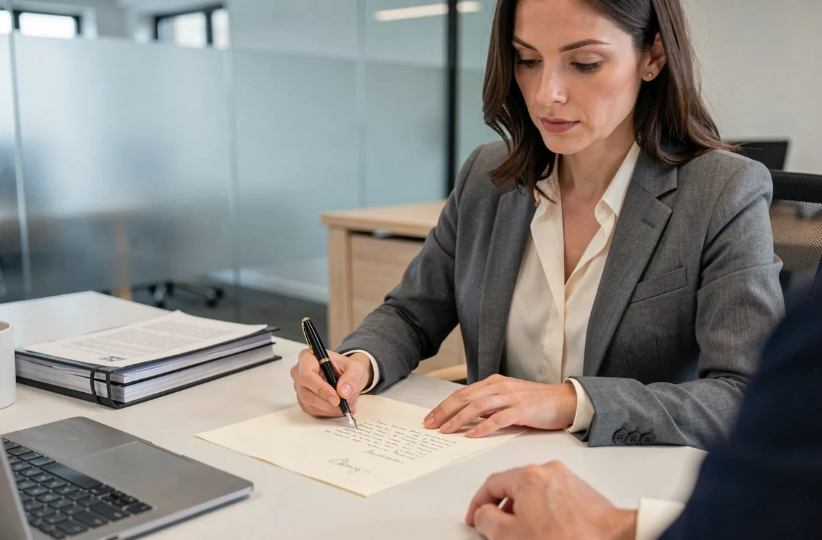 Femme rédigeant une lettre formelle à la main sur papier crème dans un bureau moderne pour correspondance avec un notaire