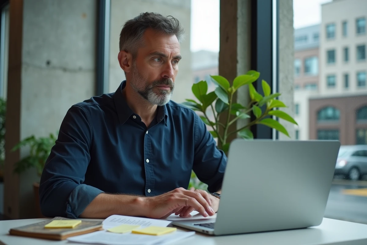 Homme travaillant sur la reformulation manuelle d'un article dans un espace de coworking, avec thésaurus et notes papier, sans recours à un outil d'IA