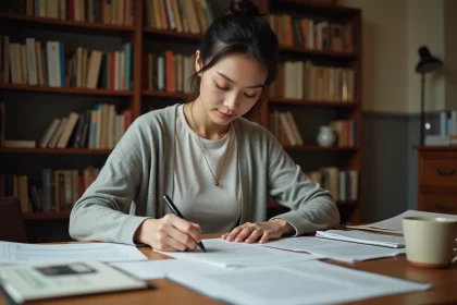 Femme qui reformule un texte à la main dans un bureau avec des documents imprimés, illustrant le travail éthique de réécriture sans intelligence artificielle