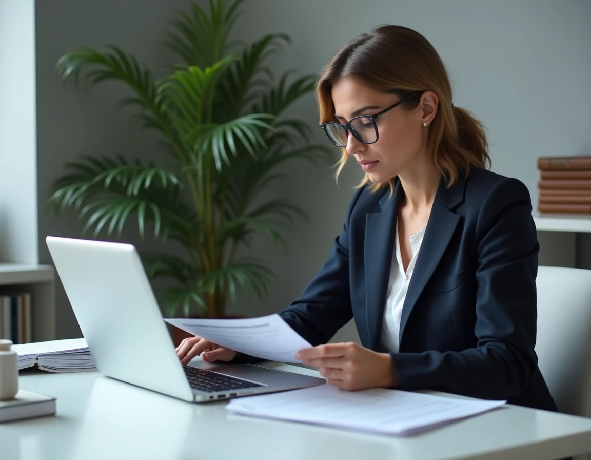 Femme consultant des documents sur la réglementation fiscale du tabac au Luxembourg dans un bureau professionnel
