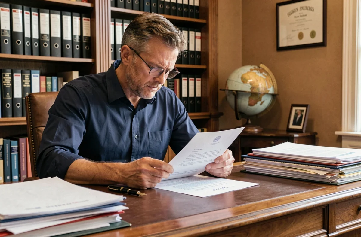 Homme d'affaires d'une cinquantaine d'années relisant une lettre professionnelle imprimée avec un stylo plume sur un bureau en bois classique