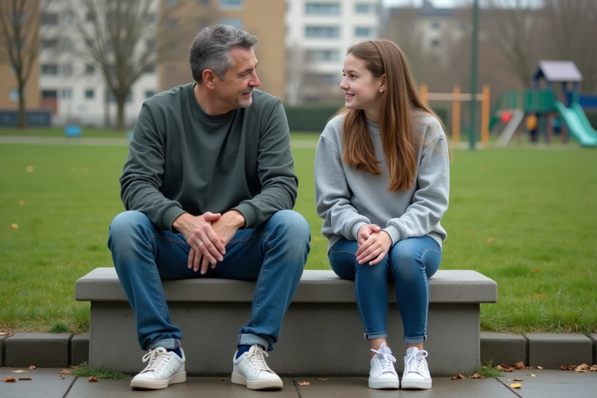 Homme et fille discutant sur un banc dans un parc