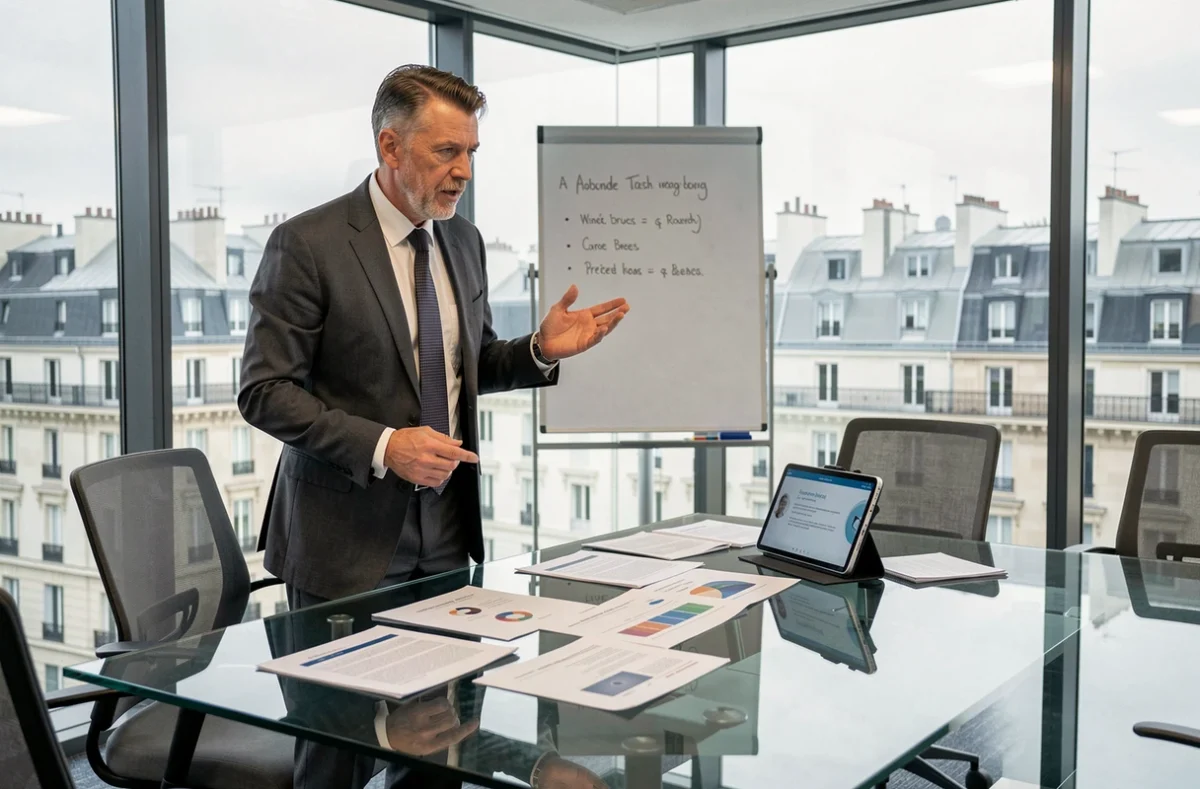 Juriste répétant son discours pour le Congrès UINL Paris dans une salle de réunion moderne avec vue sur Paris