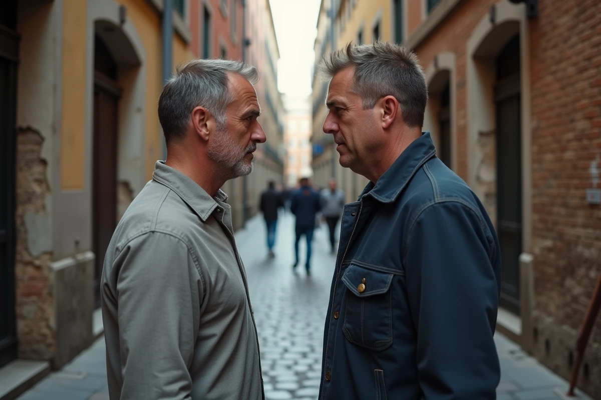 Deux hommes se faisant face avec méfiance dans une ruelle urbaine, symbolisant la rivalité et la maxime l'homme est un loup pour l'homme